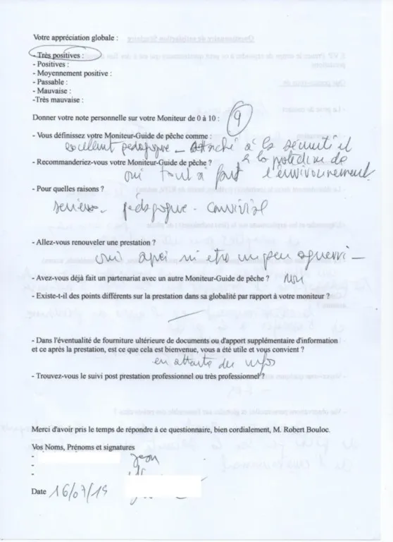 Haute qualité d'écoute des demandeurs de stages de pêches fait par R. BOULOC 46